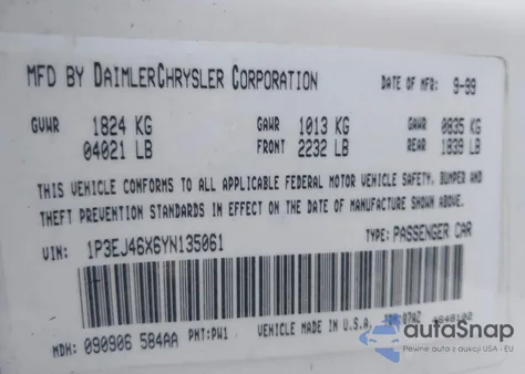 2000 Plymouth Breeze from USA, damaged, VIN 1P3EJ46X6YN135061